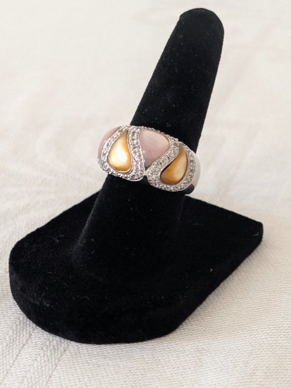 Mother of Pearl Coral Crystal Sterling Cocktail Silver Ring